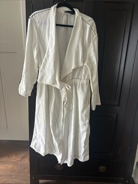 Zara White Linen Open-Front Robe with Drawstring